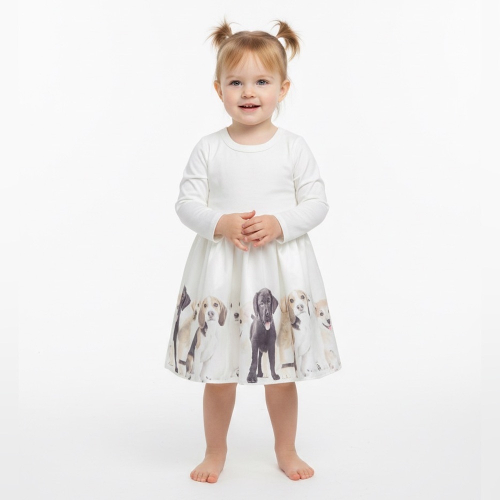 New Peek Toddler White Long Sleeve Puppy Dog Dress Sz 2T